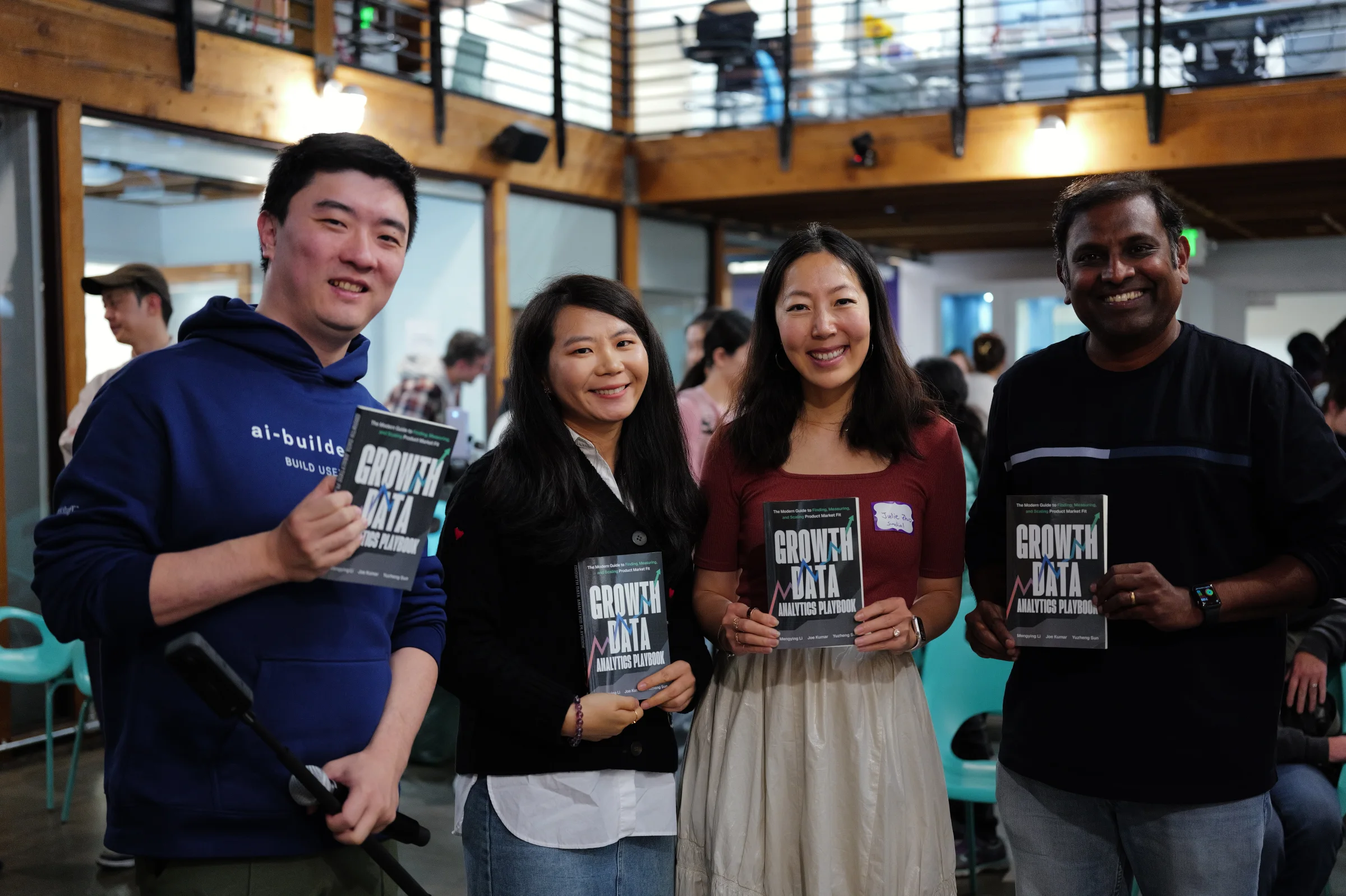 Yuzheng Sun, co-authors Mengying Li and Joe Kumar, and Julie Zhuo at the Growth Data Analytics Playbook launch